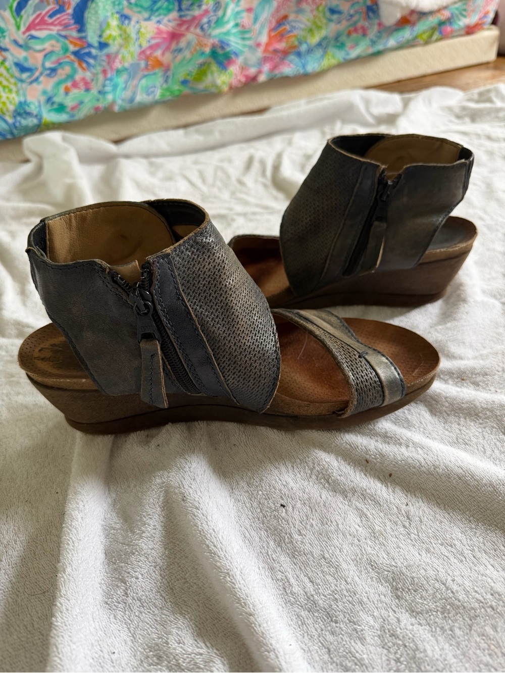 Women’s Navy Wedge Sandals with Side Zipper